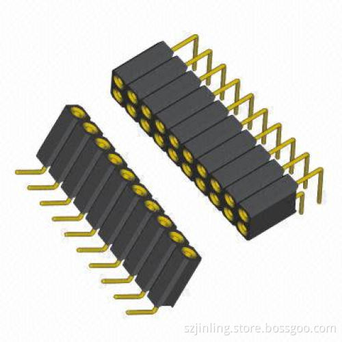 Dual-row Round Pin Female Headers, 2.54mm Pitch, Right Angle